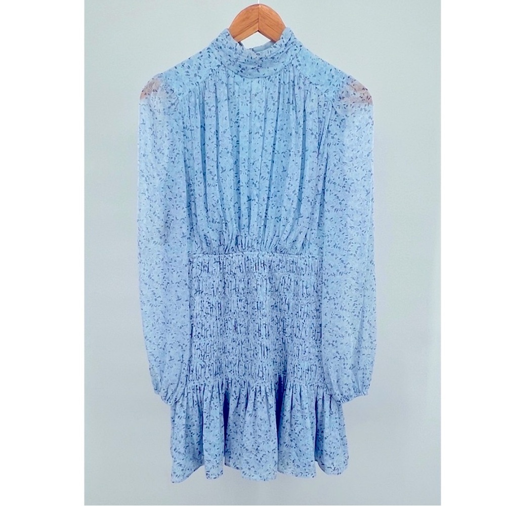 House of Harlow SHONA JOY Mock Neck Flowy Smocked Mini Dress Coquette SIZE LARGE - Picture 2 of 10
